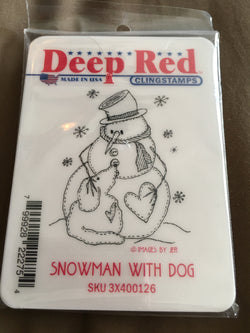 SNOWMAN WITH DOG - DEEP RED RUBBER STAMPS