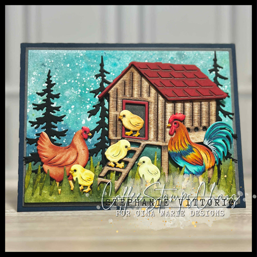 CHICKEN COOP WITH HENS, ROOSTER AND CHICKS DIE SET - GINA MARIE DESIGN ...