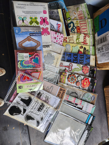 BIG BOX OF STAMPS - DIES - STICKERS - EMBOSSING FOLDERS ETC 80% OFF RETAIL!