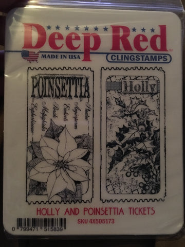 HOLLY AND POINSETTIA TICKETS DEEP RED RUBBER STAMPS