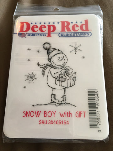 SNOW BOY WITH GIFT - DEEP RED RUBBER STAMPS