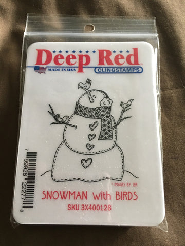 SNOWMAN WITH BIRDS DEEP RED RUBBER STAMPS