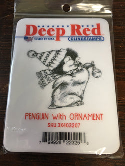 PENGUIN WITH ORNAMENT DEEP RED RUBBER STAMPS