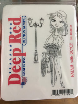 NATALIE WITH BIKE STAMP - DEEP RED RUBBER STAMP